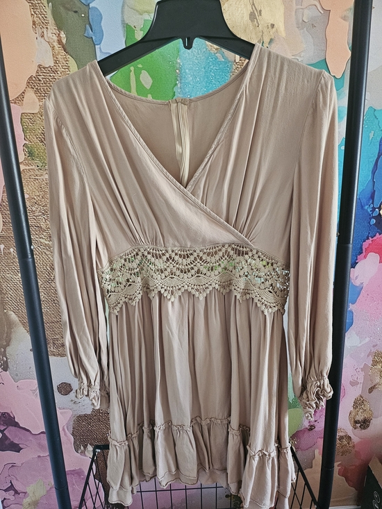 Dresses & Skirts - Boho Crochet Trim Surplice Tunic Dress in Taupe